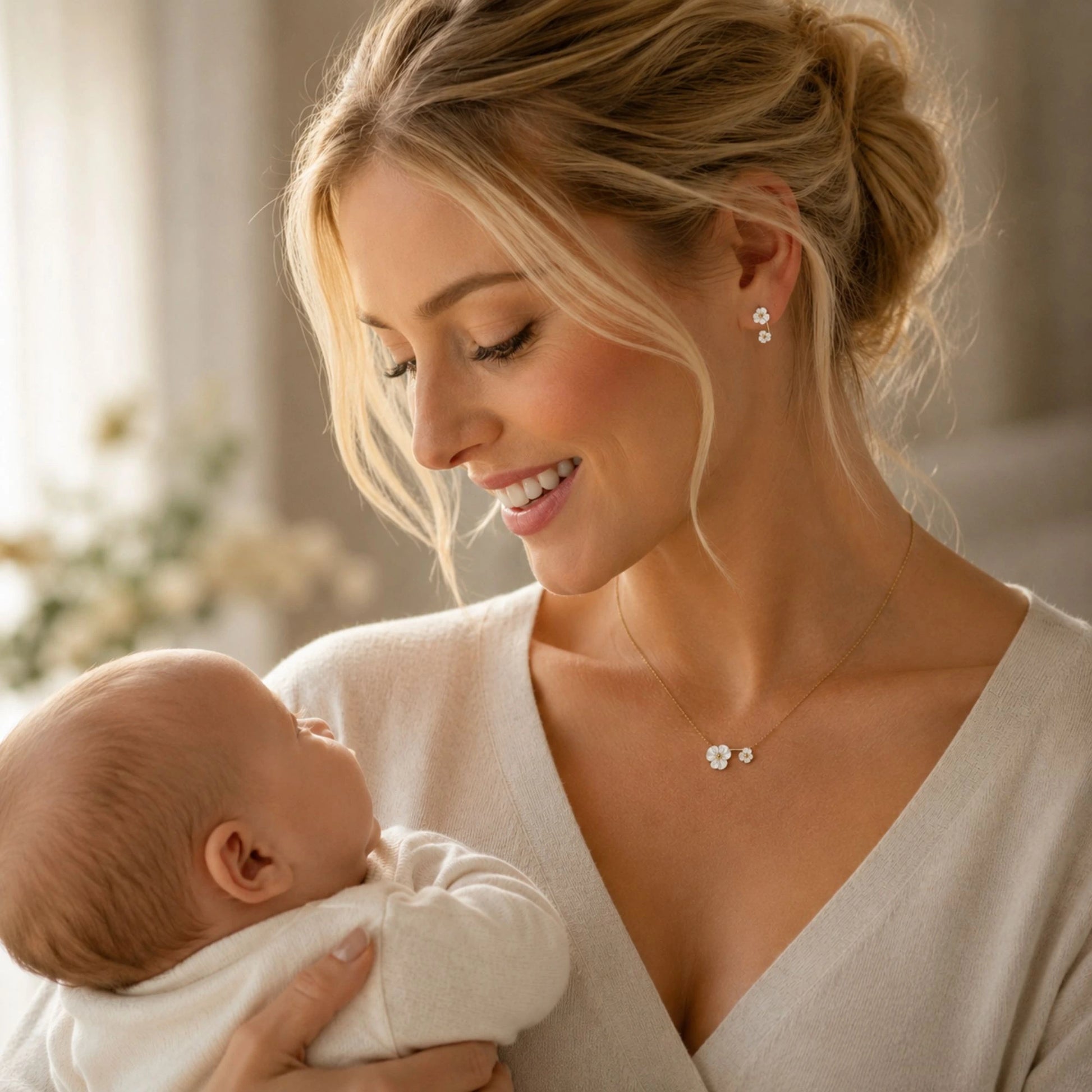 Set bijoux Douceur Maison Eluna - collier et boucles fleurs coquille - cadeau naissance maman